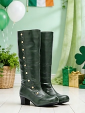 cheap St. Patrick's Day-Women's Green Knee-High Boots with Button Detail – Stylish and Vintage Heeled Footwear for St. Patrick's Day Parades, Festivities and Celebrations