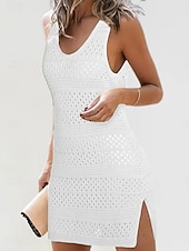 cheap Beach Dresses-Women's Swimwear Cover Up Swim Dress Swimsuit Knit Vacation Beach Wear Solid Color V Neck Sleeveless Bathing Suits