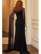 abordables Vestidos de noche de cintura imperio-Vestido de gala formal de longitud completa tipo tubo/columna vestido de gala elegante vintage vestido negro con mangas largas cuello redondo fiesta de gala boda con cristales y pedrería