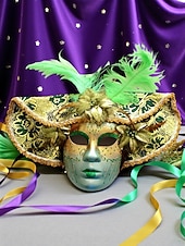 billiga Tillbehör-Kvinnors röd- och guldvenetiansk karneval Mardi Gras mask med fjädrar och blommiga detaljer – Perfekt för Mardi Gras och maskeradfester