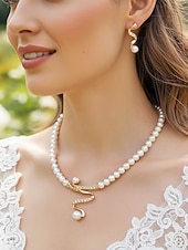 ieftine Nuntă ACC-Set de bijuterii pentru femei cu colier și cercei din perle artificiale, design elegant inspirat de șarpe, stil clasic de mireasă, pentru mirese, invitați la nuntă, petreceri de seară și banchete formale