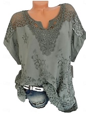economico T-shirt semplice-Per donna Maglietta Pizzo Patchwork Semplice Moda Elegante Classico Manica Corta Scollo a V Top Regolari Quotidiano Weekend Blu Nero Bianco Rosso Grigio Estate Primavera