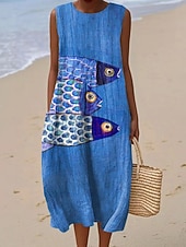 Χαμηλού Κόστους Τέχνη και Σχεδίαση Φορέματα-Μίντι Φόρεμα Γυναικών Λινό Σακίδιο Φόρεμα Αλλαγής Γραμμή A Διακοπές Καθημερινό Μπόχο Παραλία Βραδινό Χαλαρή Φόρμα Γραφικό Ζώο Αμάνικο Λαιμόκοψη Μπλε Μαύρο Γαλάζιο Σκούρο Μπλε Καλοκαίρι Άνοιξη