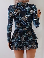 billiga Tankinis-Dam Badkläder Tankini 2 st Kjol Baddräkt Magkontroll Hög midja Smal Elegant Semester Blommig Rund hals Långärmad Baddräkter