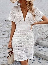 Χαμηλού Κόστους Φορέματα παραλίας-Γυναικείο κάλυμμα μαγιό φόρεμα Cut Out διακοπών παρα beachwear μονόχρωμο V λαιμό κοντά μανίκια