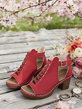 voordelige Hakken Sandalen-Rode damessandalen met dikke hak en ritssluiting, opengewerkt ontwerp, perfect voor tuinfeesten en casual gelegenheden.