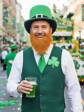 お買い得  アクセサリー-男性用聖パトリックの日のレプラコーンコスチュームアクセサリーセット、ポリエステル素材、バックル付きグリーンのトップハット、偽のひげ、蝶ネクタイとネクタイセット、パーティーや休日のお祝い