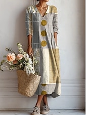 Χαμηλού Κόστους Ριγέ και Γεωμετρικά Φορέματα-Γυναικείο Midi Φόρεμα Λινό Όπως Αναπνεύσιμο Ελαφρύ Καλοκαιρινό Φόρεμα Shift Casual Πάρτι Διακοπές Χαλαρή Εφαρμογή Γεωμετρικό Μακρύ Μανίκι V Λαιμός Κίτρινο Ροζ Ανοιχτό Καφέ Καλοκαίρι Άνοιξη