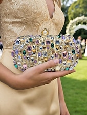 cheap Wedding Accessories-Women's Polyester Clutch Bag with Gemstone Embellishments, Chain Shoulder Strap, Large Capacity, Multiple Colors – Perfect for Weddings and Evening Parties