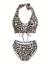 economico Bikini-Costume da bagno a due pezzi da donna bikini leopardato culotte sgambate controllo pancia vita alta slim schiena scoperta vacanza mare con grafica scollatura a V senza maniche