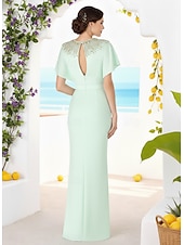economico Abiti da sera a tubino-Sheath Column Floor Length Evening Gown Elegant Short Sleeve Crew Neck Wedding Formal Satin with Crystals Beading