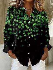billiga Blommiga blusar-Saint Patrick's Day Dam Blus Knappar Mönster Grafisk Vitklöver Vintage Stylish Ledigt Långärmad Tröjkrage Vanliga toppar Dagligen Arbete Svart Vit Ljusgrön Grön Sommar Vår Vinter