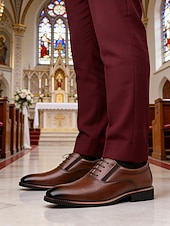 baratos Sapatos Oxford-Sapatos sociais masculinos marrons com cadarço – elegantes e confortáveis, com acabamento em verniz brilhante, perfeitos para casamentos e eventos formais.