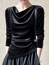 preiswerte Einfarbiges T-Shirt-Damen Samt Drapiert Elegant Stilvoll Basic Langarm Wasserfallausschnitt Normale Oberteile Schwarz Herbst Winter