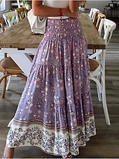 baratos Saias gráficas-Mulheres Boêmia Moda Casual Longo Cintura Alta Saias Floral Imprimir Com Stretch Diário Rua Vermelho Azul Roxo Verde Primavera