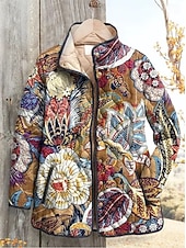 abordables Parka Casual-Mujer Chaqueta de Invierno Chaqueta acolchada Mantiene abrigado Ligero Botones Estampado Activo Vintage Artístico Casual Floral Casual Regular Escote Chino Ajuste regular Manga Larga Ropa de calle