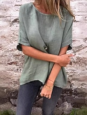 abordables Blusas Sencillas-Mujer Blusa Lino de algodón sintético Color sólido Elegante Casual Media Manga Escote Barco Tops regulares Diario Blanco Amarillo Verde Trébol Verano Primavera