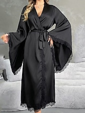 abordables Combinaisons pour femmes-Femmes Robe Occasionnel Doux Satin Couleur Unie Dentelle Quotidien Maison Lit manche longue Col en V Noir Blanche Été Printemps Coupe Ample