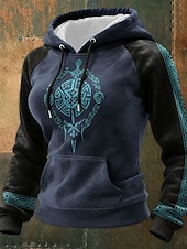 billiga Viking-toppar-Dam Pullover Hoodie Sweatshirt Grafisk Geometrisk Ledigt Långärmad Huva Vanliga toppar Ledigt Vardag Sport Svart Khaki grön Beige Vår Höst
