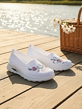 Χαμηλού Κόστους Γυναικεία Sneakers-Γυναικεία πράσινα slip-on αθλητικά παπούτσια με κέντημα λουλουδιών – αναπνεύσιμα πλεκτά παπούτσια για περπάτημα σε εξωτερικούς χώρους, ταξίδια και θηλασμό