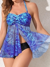 economico Tankini-Costume da bagno a due pezzi da donna tankini con ferretto culotte sgambate controllo pancia vita alta slim schiena scoperta vacanza mare senza spalline floreali senza maniche