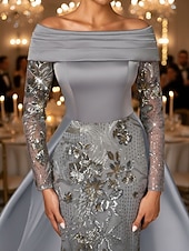  A-Line Mermaid Trumpet Floor Length Beaded Eembroidered Formal Dresses Mother of the Bride Dress Evening Gown Elegant Celebrity Style Long Sleeve Off Shoulder Wedding Formal with Lace Glitter