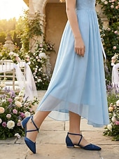 billige Brudepike-Dame marineblå blondebrudepikesko med ankelstropp – spiss tå med lav hæl i brudesko