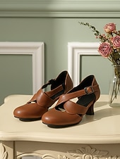 billige 1950-talls retro-Damesko i burgunderfarget skinn fra 1950-tallet – elegante Mary Jane-hæler med justerbar spenne for formelle arrangementer, fester og hverdagsbruk