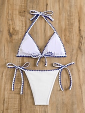 tanie Zestawy bikini-Kobiece bikini dwuczęściowy strój kąpielowy z fiszbiną z wiązaniem z boku smukły bez pleców na wakacje plażowe w jednolitym kolorze z dekoltem halter bezrękawnik