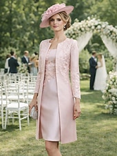 olcso Anya ruha szettek-Kétrészes Szűk szabású Térdig érő Esküvői vendég ruha Örömanya ruha Ujjatlan Kanálnyak Elegáns Molett Esküvői vendég Templom Szatén Csipke Stólával Kabát ruhák val vel Rátétek