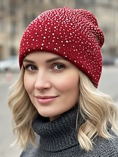 halpa Naisten hatut-Naisten neulottu polyesteripipo, strassikoriste, saatavilla useissa väreissä, täydellinen talvimuotiin