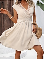 abordables Robe Simple-Femmes Mini Robe Robe trapèze Robe d'été Occasionnel Quotidien Coupe régulière Uni Manche Courte Col en V Abricot Été