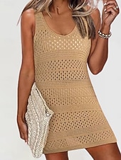 cheap Beach Dresses-Women's Swimwear Cover Up Swim Dress Swimsuit Knit Vacation Beach Wear Solid Color V Neck Sleeveless Bathing Suits