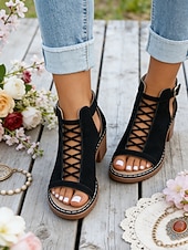voordelige Hakken Sandalen-Rode damessandalen met dikke hak en ritssluiting, opengewerkt ontwerp, perfect voor tuinfeesten en casual gelegenheden.