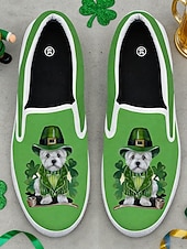  Dámské nazouvací tenisky na Den svatého Patrika s roztomilým potiskem pejsků a jetelů – pohodlné zelené plátěné boty na průvody, festivaly i běžné nošení