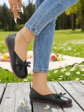 preiswerte Ballerinas für Damen-Damen-Ballerinas aus weichem Kunstleder in Mandelfarbe mit weiter Passform und Schleife – minimalistische Slipper für Büro, Freizeit und Schule