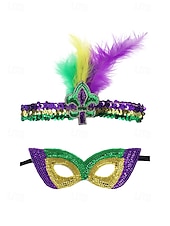 levne Příslušenství-Dámská souprava masky a čelenky na karneval Mardi Gras z polyesteru s flitry – živé barvy s peřím ideální pro karneval a maškarní večírky