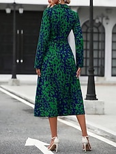 cheap Art&amp;Design Dress-Women's Midi Dress A Line Dress Summer Dress Casual Daily Regular Fit Graphic Leopard Long Sleeve Lapel Navy Fuchsia Green Spring