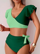 Χαμηλού Κόστους Σετ μπικίνι-Γυναικεία Μαγιό 2 κομμάτι Προκλητικό Μαγιό Σουρωτά Κουρελού Εξώπλατο Διακοπές Ρούχα παραλίας Συνδυασμός Χρωμάτων Λαιμόκοψη V Αμάνικο Μαγιό