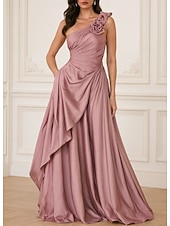 abordables Vestidos de Noche en A-Corte A Hasta el Suelo Vestidos de noche Elegante Sedoso Sin Mangas Un Hombro Boda Formal Bolsillo Satén con Flores 3D Bolsillo