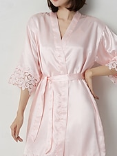 cheap Women's Onesies-Women's Robe Casual Soft Satin Pure Color Lace Daily Home Bed Half Sleeve V Neck White Champagne Pink Wine Summer Loose Fit