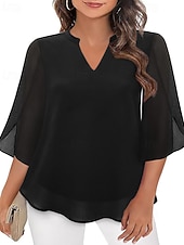 abordables Blouses Élégantes-Femmes Chemisier Hauts en mousseline de soie Patchwork Uni Élégant Occasionnel Demi Manches Col en V Hauts Réguliers Quotidien Fête Sortir Noir Rose Claire Vin Rouge Bleu Roi Été Printemps Automne