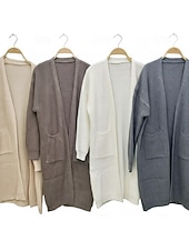 Недорогие Простой кардиган-Жен. Вязаная ткань Кардиган Мода Уличный стиль На каждый день Чистый цвет Рельефный узор Открытый перед Карман Трикотаж Длинный рукав Длинные топы Вязать на открытом воздухе Повседневные выходные