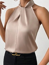 preiswerte Schicke Blusen-Damen Hemd Elegant Satin-Top Seidenhemd Rückenfrei Einfach Elegant Stilvoll Ärmellos Neckholder Normale Oberteile Ferien Ausgehen Schwarz Weiß Kamel Purpur Braun Sommer Frühling