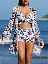 Χαμηλού Κόστους Σετ μπικίνι 3 τεμαχίων-Γυναικείο Μπικίνι 3 Τεμαχίων Μαγιό Σορτς Slim Χωρίς Πλάτη Διακοπές Παραλία V Λαιμός Αμάνικο Μαγιό