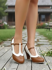 economico Retrò anni ’50-scarpe con tacco a T da donna in stile retrò anni '50, marroni e bianche, con dettagli brogue e chiusura con fibbia: scarpe mary jane vintage per ufficio, feste in giardino ed eventi a tema retrò