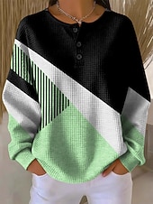 economico Felpe a Strisce e Geometriche-Per donna Felpe con cappuccio Bottoni Grafico Geometrico Blocco di colori Moda Casual Stampa Manica Lunga Girocollo Top Regolari Casuale Streetwear Blu Viola Verde Kaki Autunno Inverno