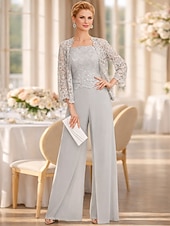 cheap Mom's Jumpsuits-Jumpsuit Pantsuit 3 Piece Floor Length Mother of the Bride Dress Sleeveless Square Neck Elegant Plus Size Formal Wedding Guest Chiffon Corded Lace Wrap Included with Lace Appliques
