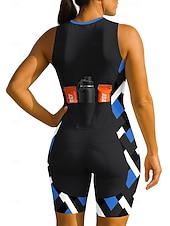 お買い得  婦人服のセット-女性用 トライスーツ サイクルジャージセット ノースリーブ マウンテンサイクリング ロードバイク 夏 ブルー ブラック 幾何学模様 バイク 3Dパッド 速乾性 抗紫外線 フロントファスナー 反射性ストリップ スパンデックス ライクラ スポーツ 衣類