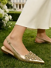 ieftine Mireasă-Pantofi cu vârful ascuțit și slingback, cu ornament auriu, pentru nuntă – pantofi de mireasă cu cristale pentru ceremonie și recepție
